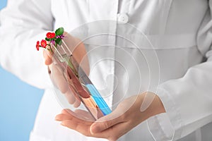 Scientist holding test tubes with flowers, closeup