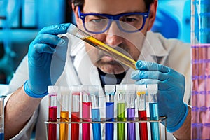 Scientist holding tube test with yellow liquid for analysis of fluids in the lab