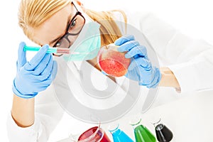Scientist Injecting Chemical In Apple At Table photo