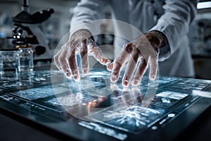 Scientist interacting with a futuristic holographic interface, exploring data in a modern laboratory