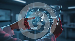 A scientist interacts with a futuristic holographic interface.