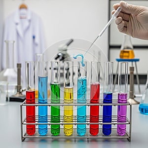 Scientist in lab adding liquid to test tubes with colorful solutions
