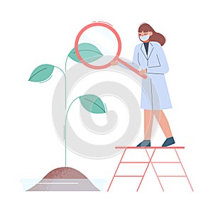 Scientist in Lab, Bioengineer in White Coat and Medical Face Mask Doing Professional Science Researchers with Plant and
