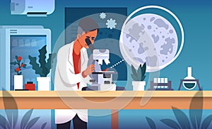 Scientist in lab. Cartoon concept of laboratory research, scientific experiment and medical data collection and analysis