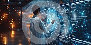 Scientist in a lab coat analyzing data on a large digital interface, representing advanced research, technology,