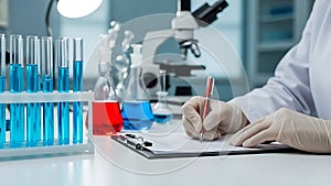 Scientist Conducting Research in a Laboratory with Test Tubes and Microscope