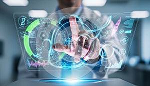 Scientist analyzing data on futuristic interface.