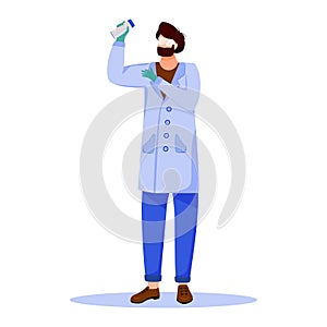 Scientist in lab coat with protection glasses flat vector illustration