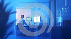 Scientist Working Late at Night in a Blue Lit Lab Brain Scan and Code on Computer Screens