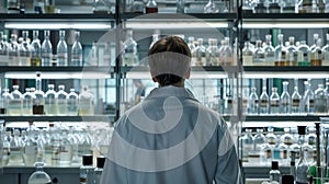 A scientist in a lab coat standing in front of a shelf lined with beakers and test tubes carefully monitoring a complex