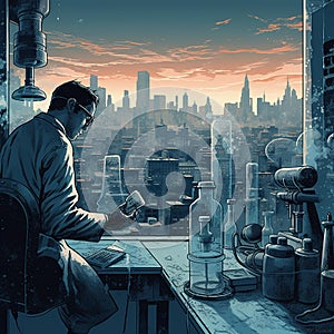 Scientist in Lab with Futuristic Cityscape