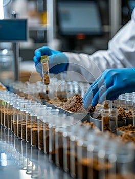 Scientist in lab testing soil samples with test tubes.