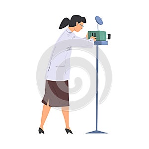 Scientist in Lab, Woman in White Coat Doing Scientific Experiment with Laboratory Equipment Vector Illustration on White