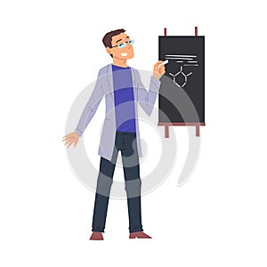 Scientist in Lab, Young Man in Coat Doing Chemical Research in Science Laboratory, Man Writing on the Chalkboard Vector