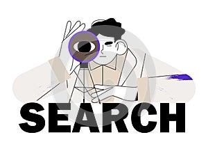 Scientist looking through field glass or telescope on sky, stars and space. Concept of search, discovery, research