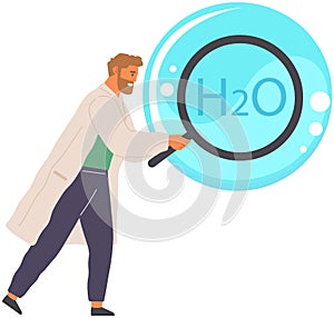 Scientist with magnifier makes analysis of water molecule structure, studies chemical formula H2O