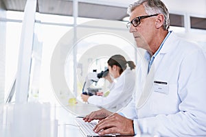 Scientist, man and computer in science research, experiment or data results at laboratory. Senior male typing in medical