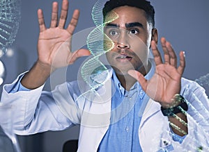 Scientist man, dna hologram and lab analysis with thinking, study and data for health, medical research or ideas