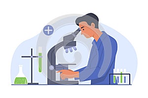 Scientist Man Using Microscope for Experiment in Laboratory