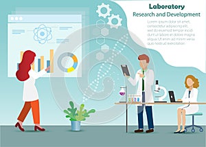 Scientist man and woman in lab analysing chemical laboratory experiment.