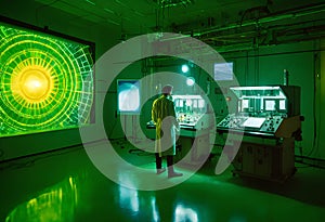 Scientist Observes Data in High-Tech Control Room Glowing with Green Light.
