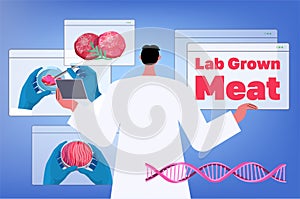 scientist opening web browser windows with cultured red raw meat made from animal cells artificial lab grown meat