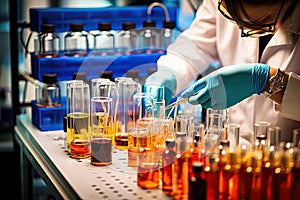 a scientist pouring chemicals into test tubes in a laboratory