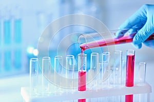 Scientist pouring color liquid into test tubes in laboratory