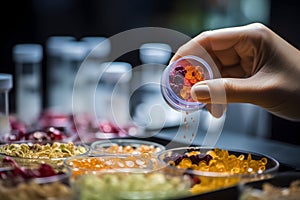 scientist pouring a small amount of ingredient out for testing in food technology laboratory