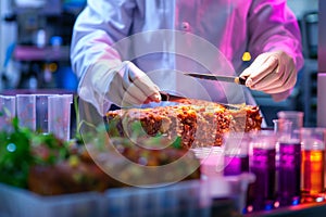 Scientist prepares vegan meat loaf in lab, vibrant test tubes