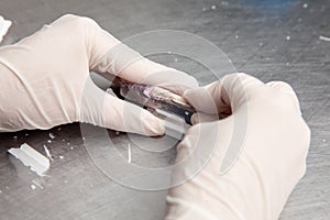 Scientist preparing paraffin blocks containing biopsy tissue for sectioning. Pathology laboratory. Cancer diagnosis photo