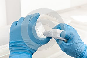 Scientist preparing slides with paraffin embedded tissue samples for immunohistochemistry assay in the laboratory photo
