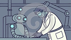 Scientist programming robot, AI and robotics, technological innovation, vector design Generative AI