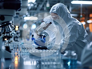 Scientist in protective gear examining samples under a microscope