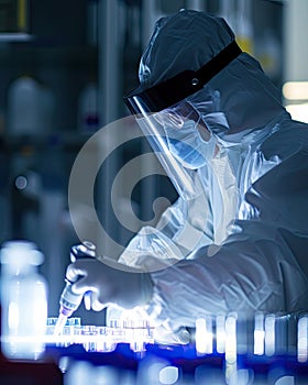 scientist in protective suit and glasses working with test tubes in chemical laboratory