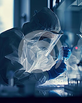 scientist in protective suit and glasses working with test tubes in chemical laboratory