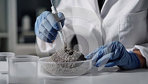 Scientist pulverizing and sieving soil samples at table, closeup. Laboratory analysis