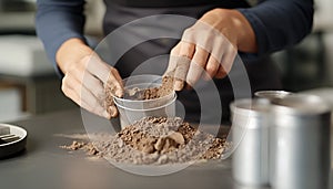 Scientist pulverizing and sieving soil samples at table, closeup. Laboratory analysis