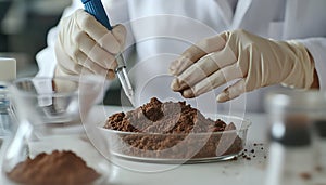 Scientist pulverizing and sieving soil samples at table, closeup. Laboratory analysis