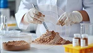 Scientist pulverizing and sieving soil samples at table, closeup. Laboratory analysis