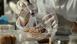 Scientist pulverizing and sieving soil samples at table, closeup. Laboratory analysis