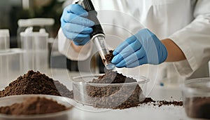 Scientist pulverizing and sieving soil samples at table, closeup. Laboratory analysis