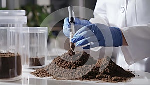 Scientist pulverizing and sieving soil samples at table, closeup. Laboratory analysis