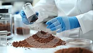 Scientist pulverizing and sieving soil samples at table, closeup. Laboratory analysis