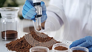 Scientist pulverizing and sieving soil samples at table, closeup. Laboratory analysis