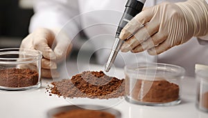 Scientist pulverizing and sieving soil samples at table, closeup. Laboratory analysis