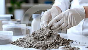 Scientist pulverizing and sieving soil samples at table, closeup. Laboratory analysis
