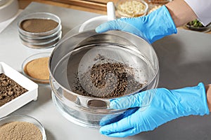 Scientist pulverizing and sieving soil samples at table. Laboratory analysis photo