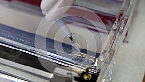 Scientist puts samples witn DNA fragments into agarose gel for separation of DNA fragments for electrophoresis