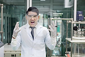 Scientist Raised his Hand and Shouting with Anger in Laboratory